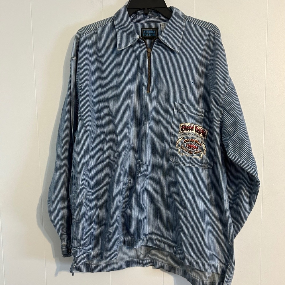 Sierra Pacific Mens Hickory Stripe Quarter Zip Laughlin 1996 Biker Shirt Large